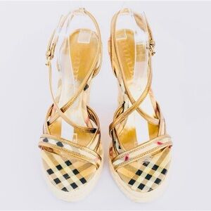 Burberry Metallic Gold and Plaid Woven Wedge Sandals Authentic Women's Sandals